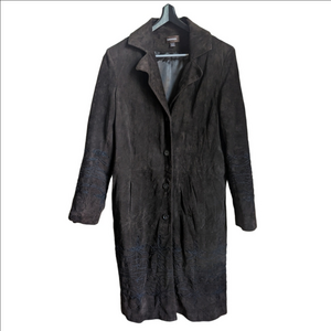 DANIER Chocolate Brown Leather Lined Warm Embroidered Bohemian Long Jacket S2XL